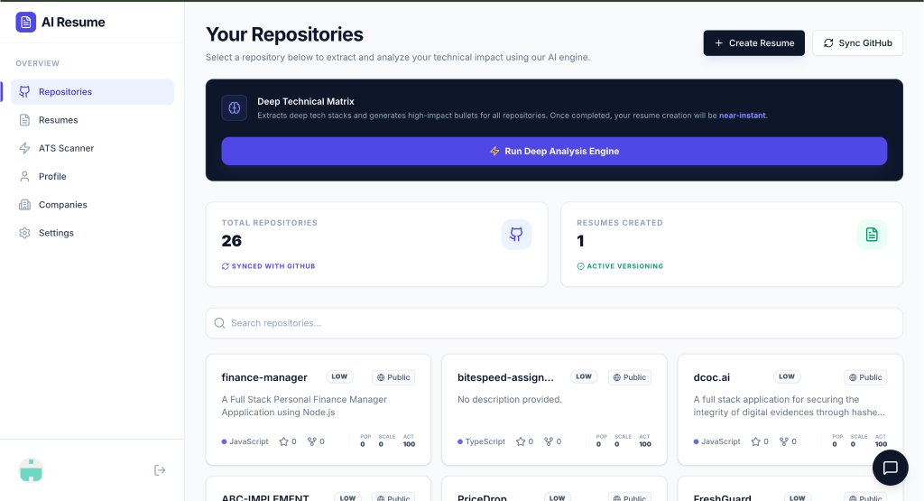 RepoToResume Dashboard Preview